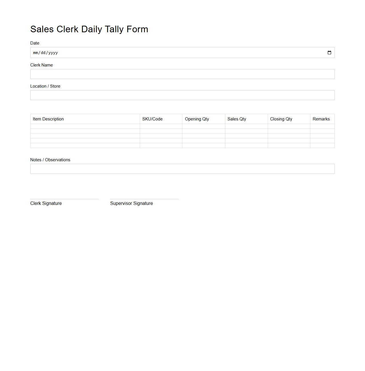 Sales Clerk Daily Tally Form