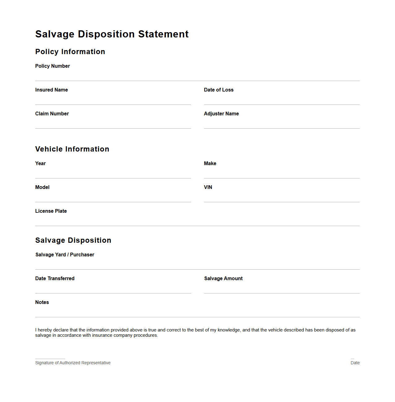 Salvage Disposition Statement for Commercial Trucking Insurance