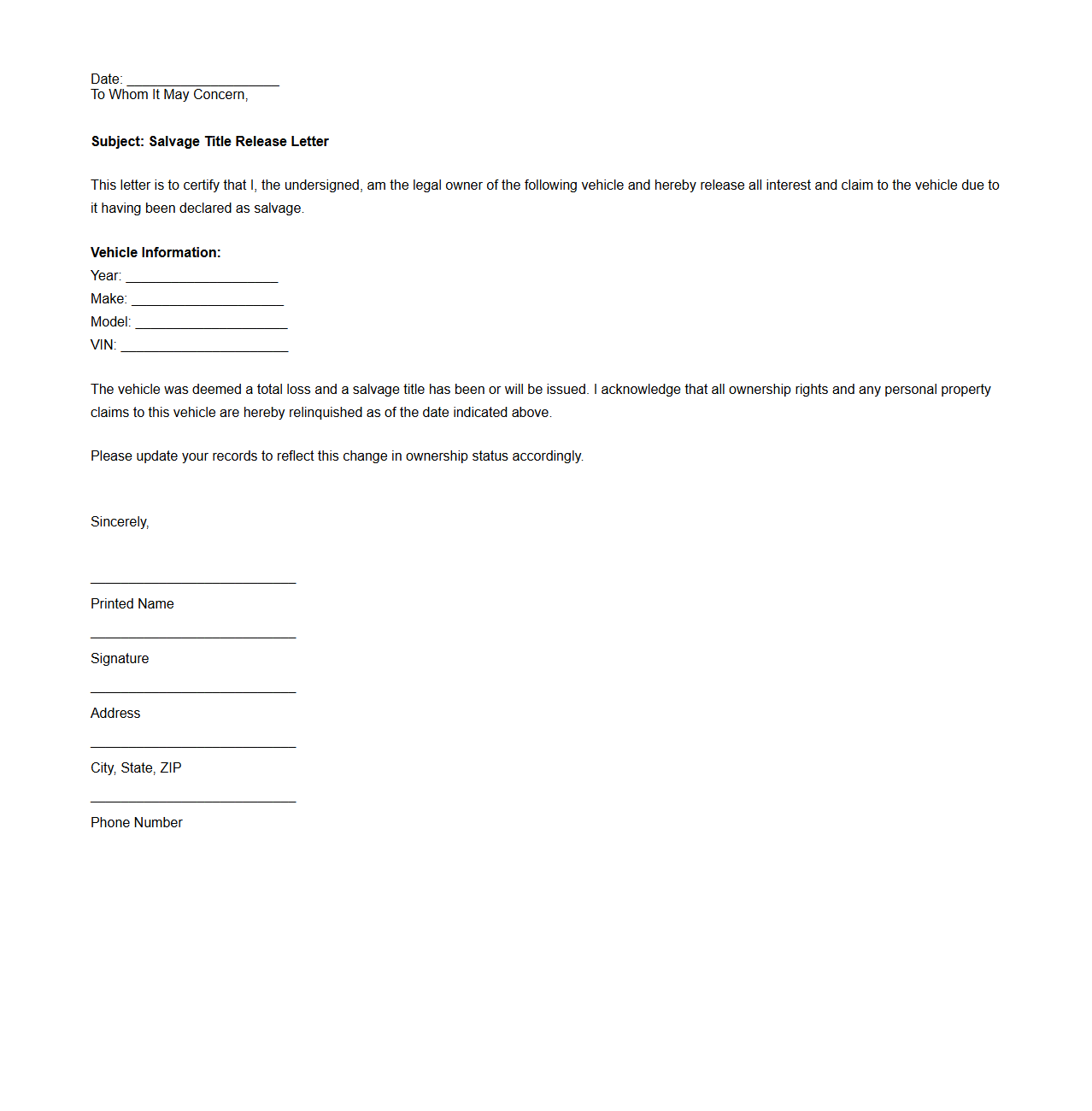 Salvage Title Release Letter Example