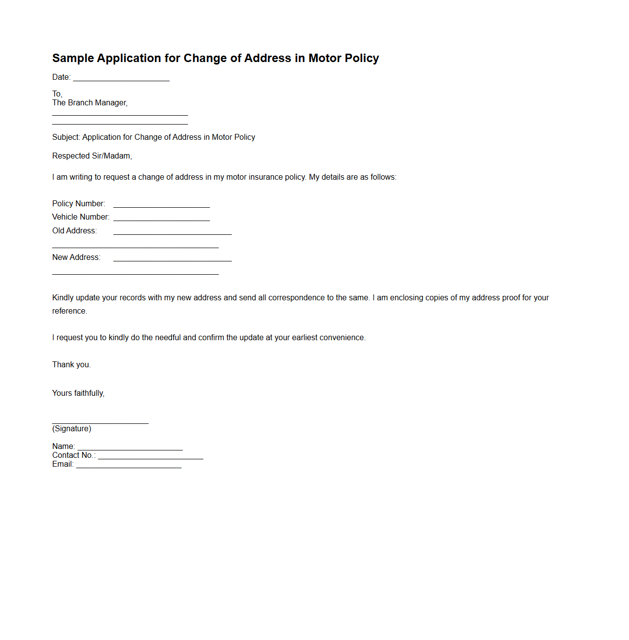 Sample Application for Change of Address in Motor Policy