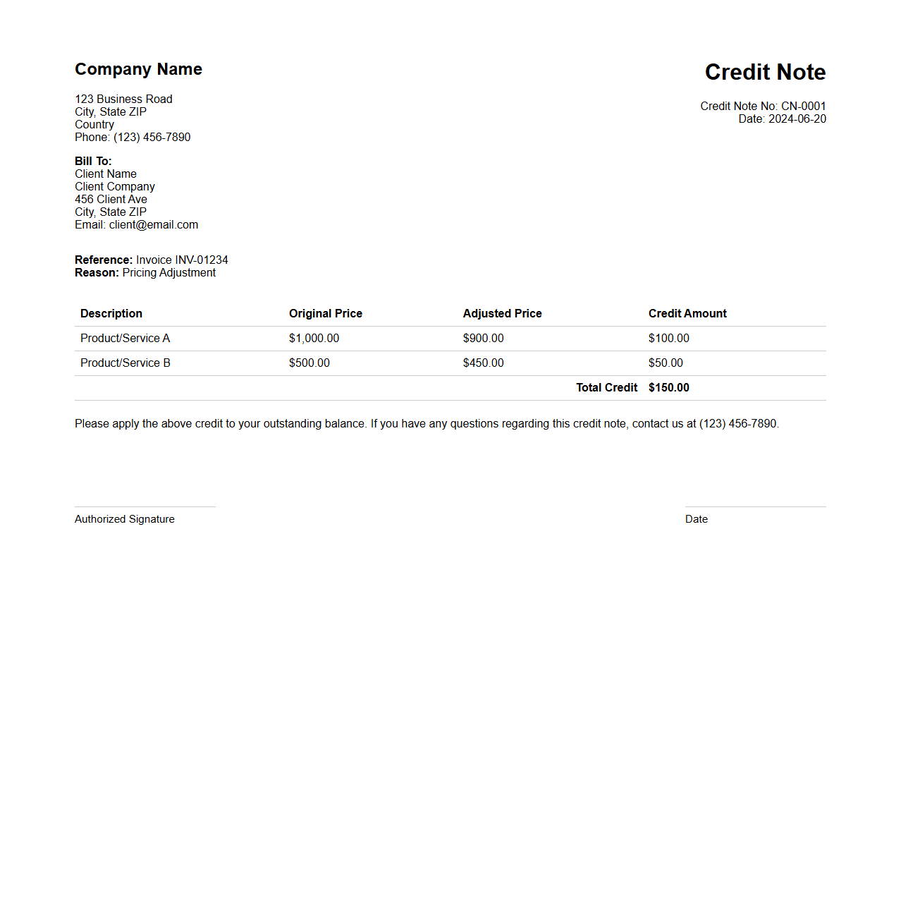 Sample Credit Note for Pricing Adjustment