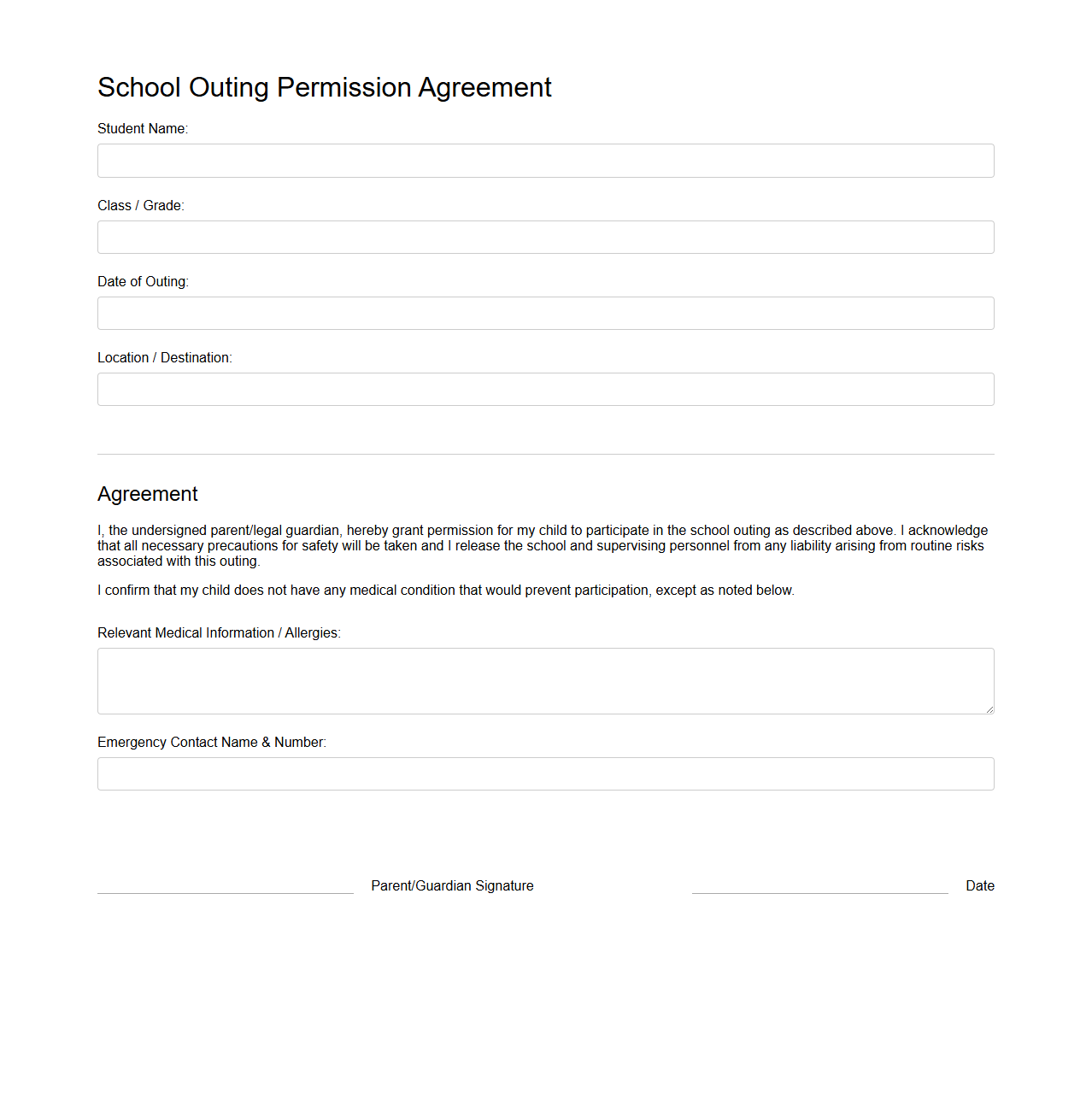 School Outing Permission Agreement