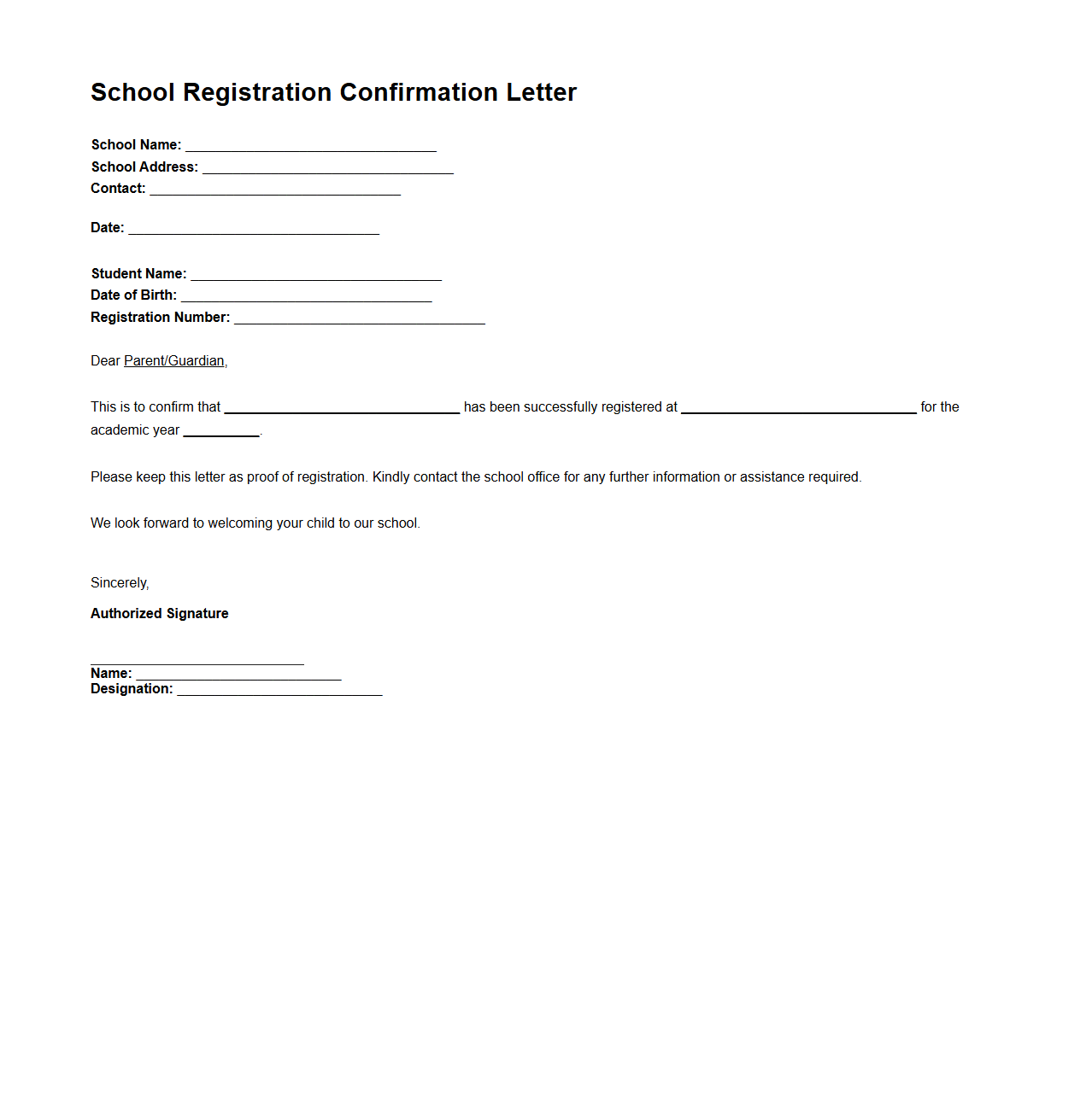 School Registration Confirmation Letter Sample