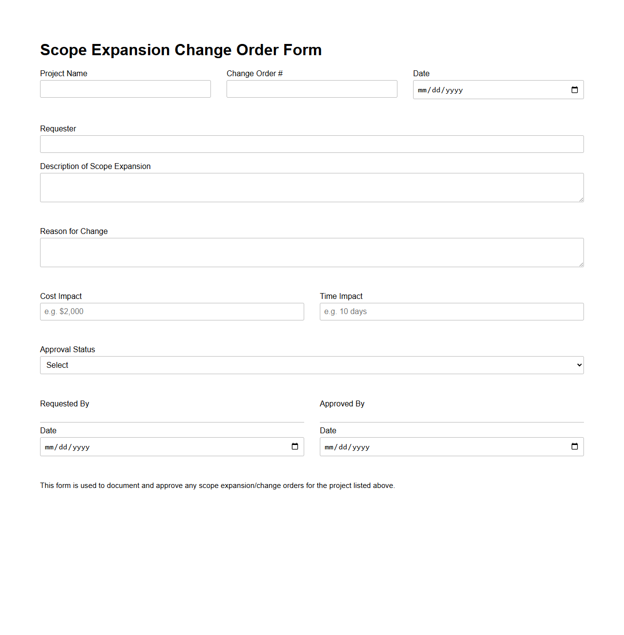 Scope Expansion Change Order Form Example