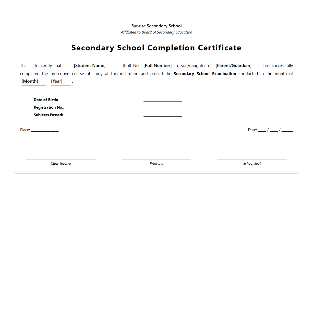 Secondary School Completion Certificate Sample