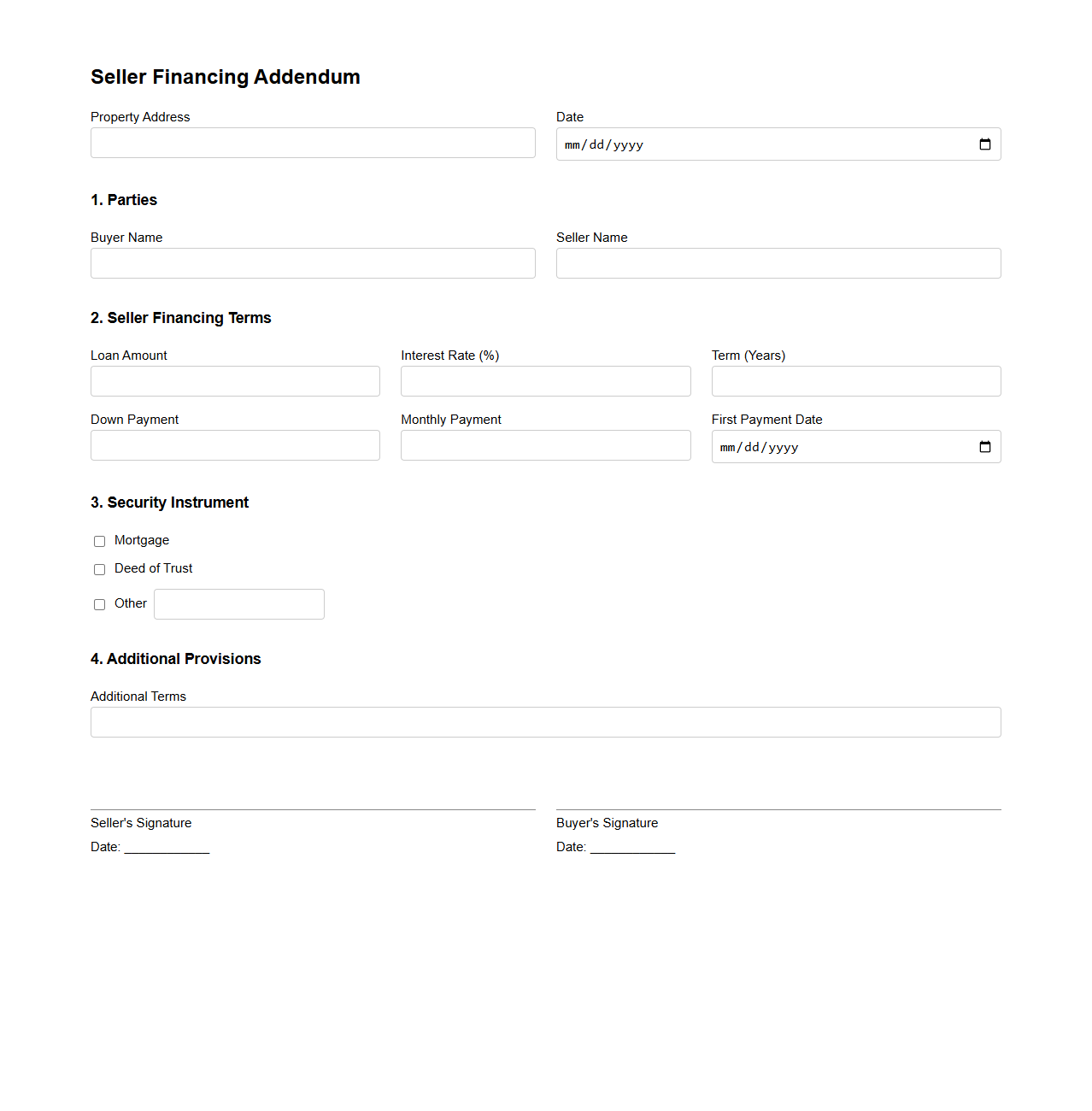 Seller Financing Addendum Form Example