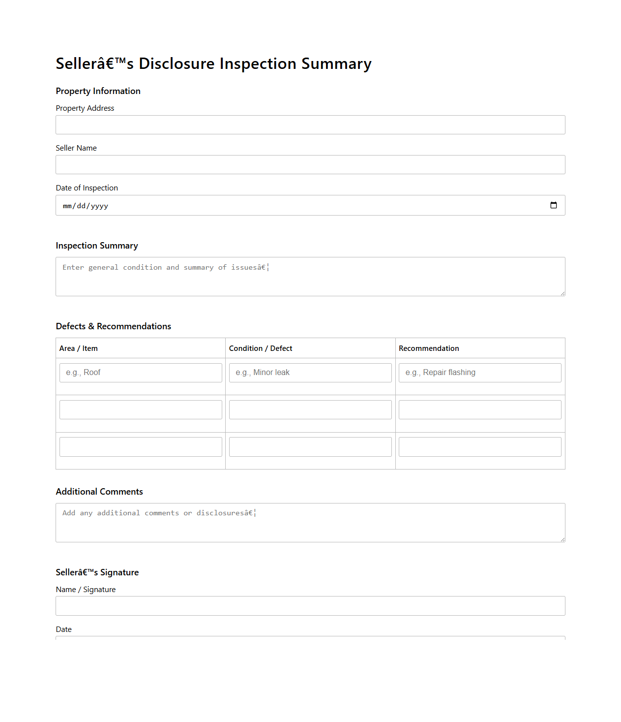 Seller’s Disclosure Inspection Summary