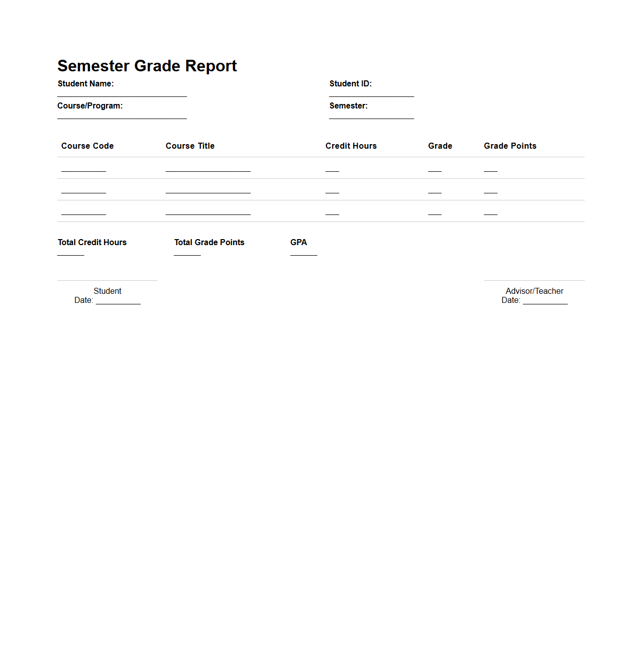 Semester Grade Report Template for Student Assessment