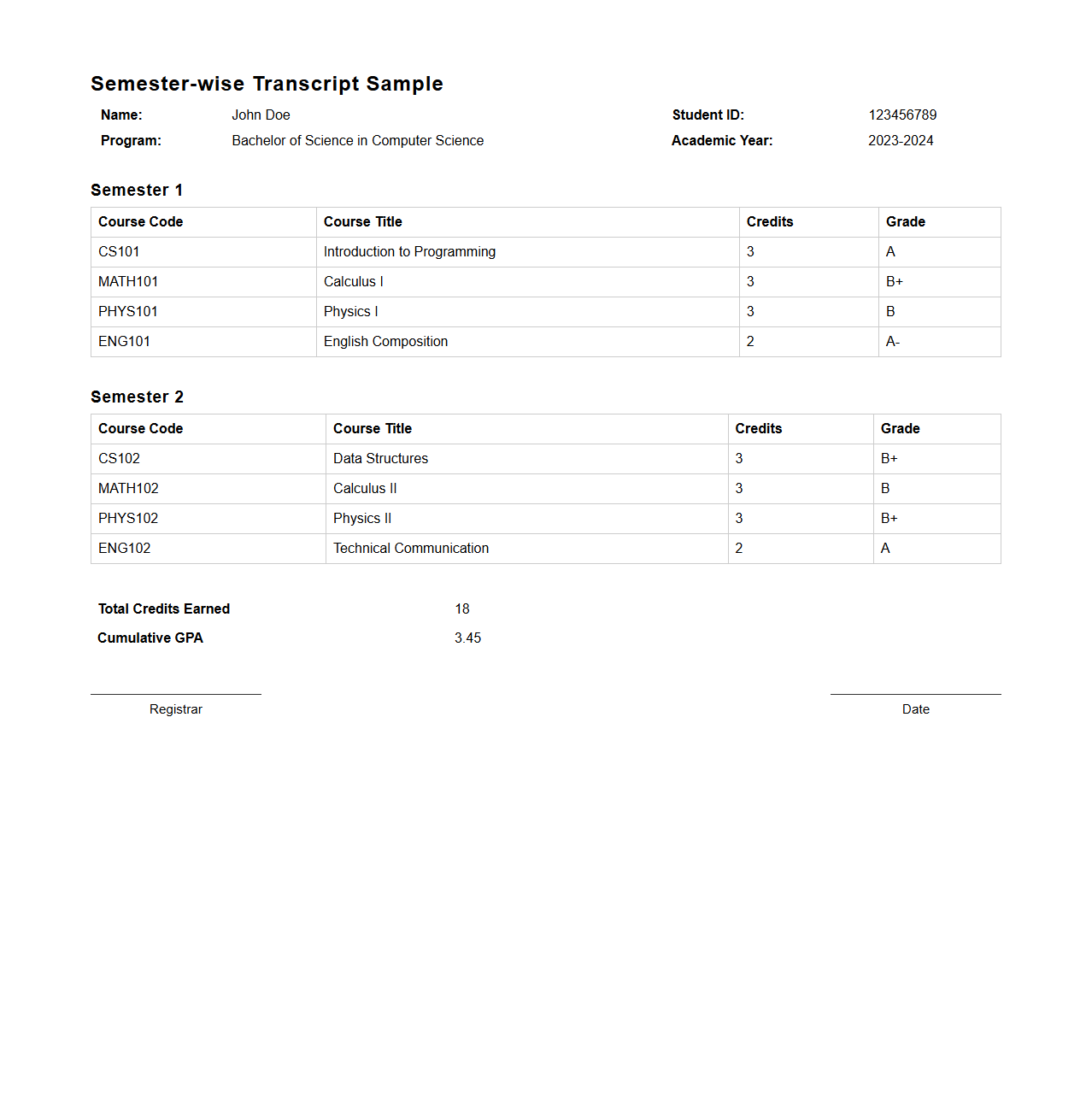 Semester-wise Transcript Sample