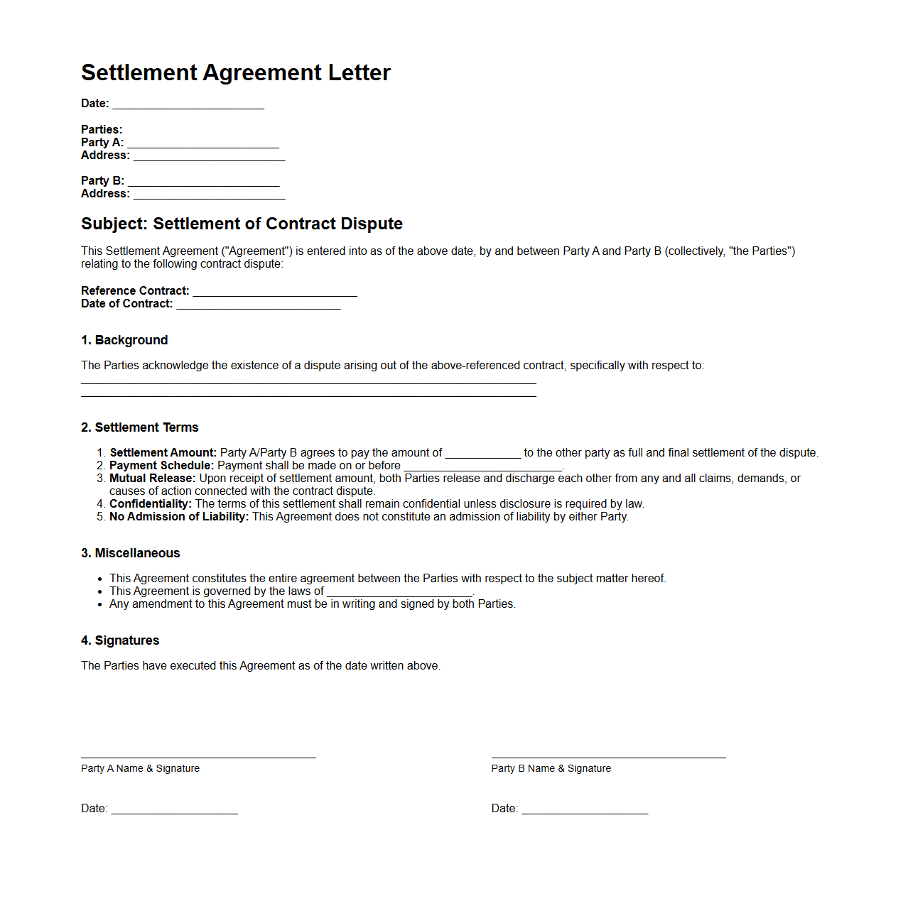 Settlement Agreement Letter for Contract Disputes
