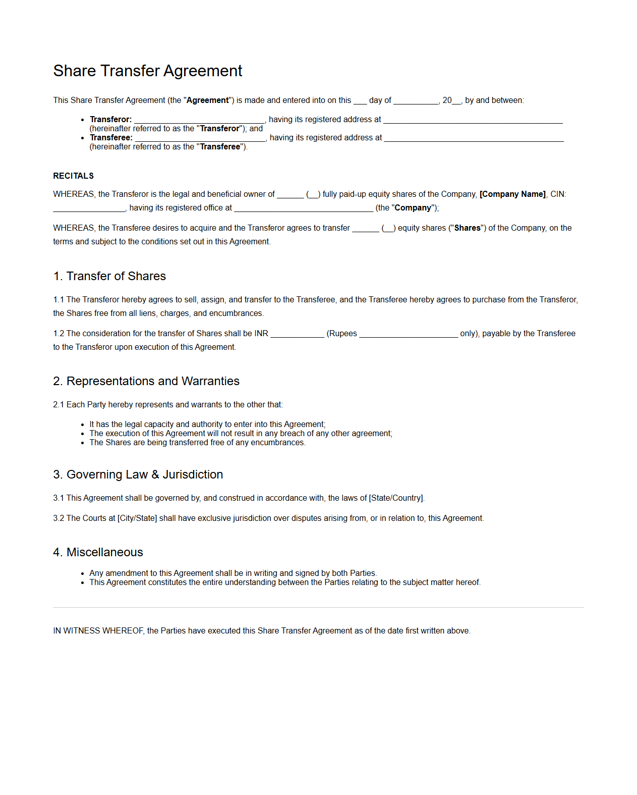 Share Transfer Agreement Example for Equity Investors