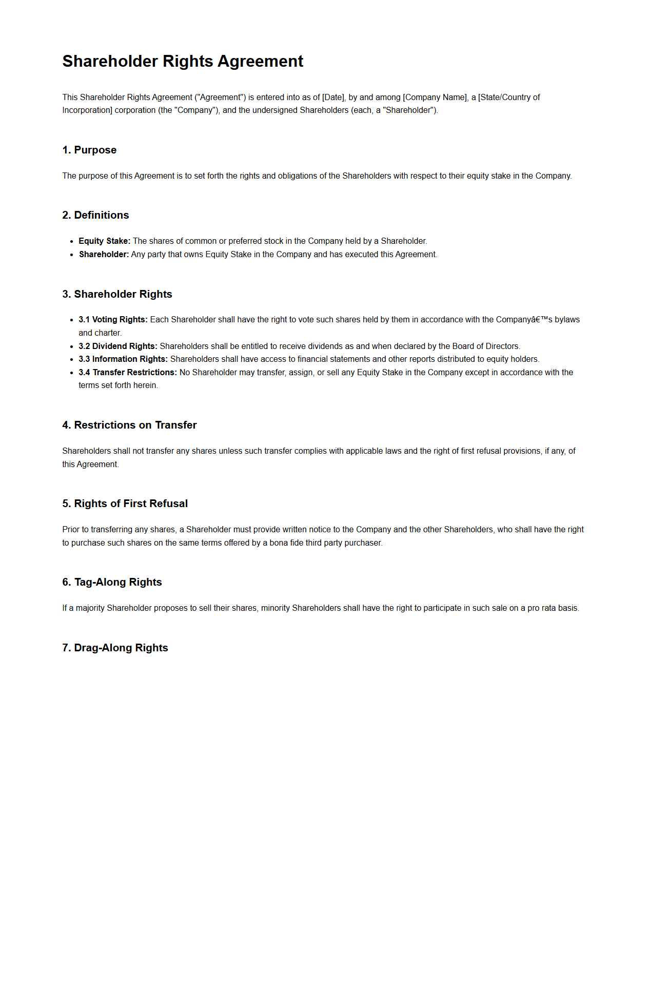 Shareholder Rights Agreement for Equity Stake