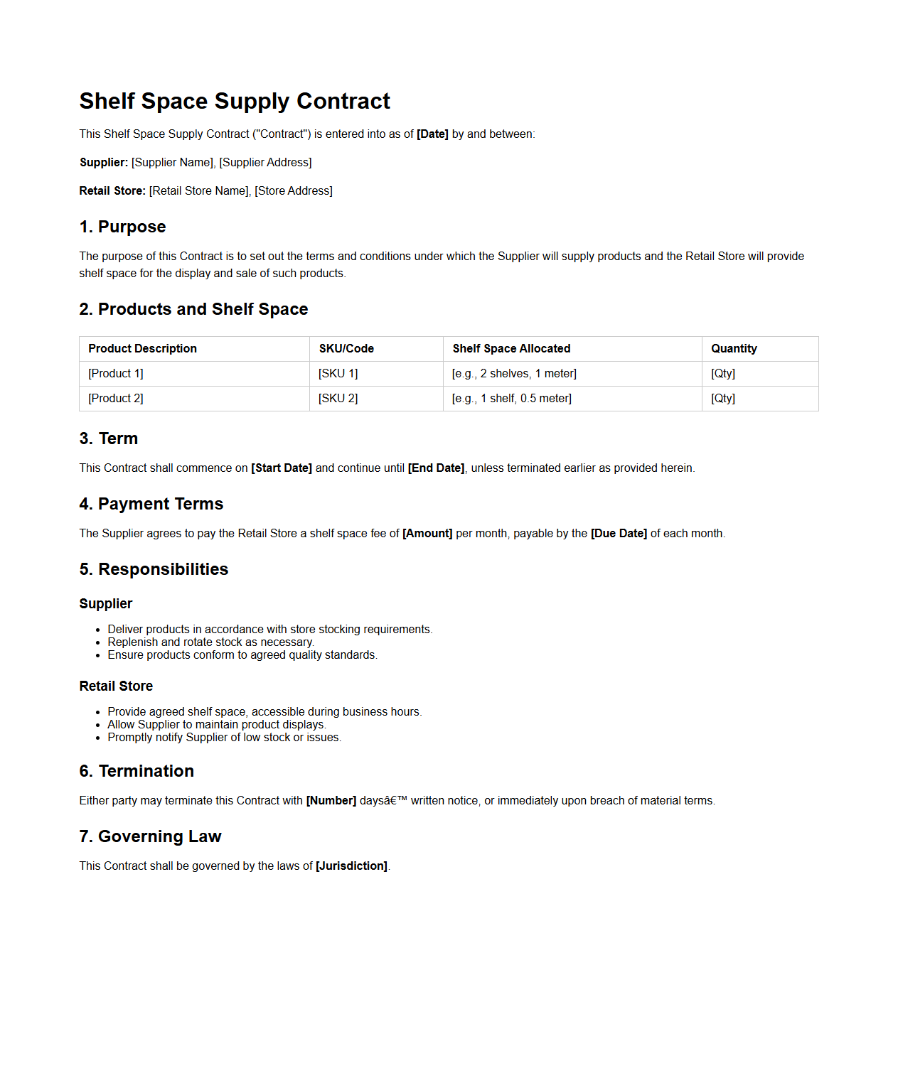 Shelf Space Supply Contract for Retail Stores