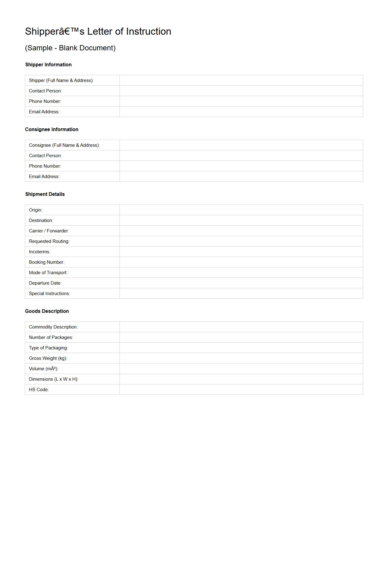 Shipper’s Letter of Instruction Example