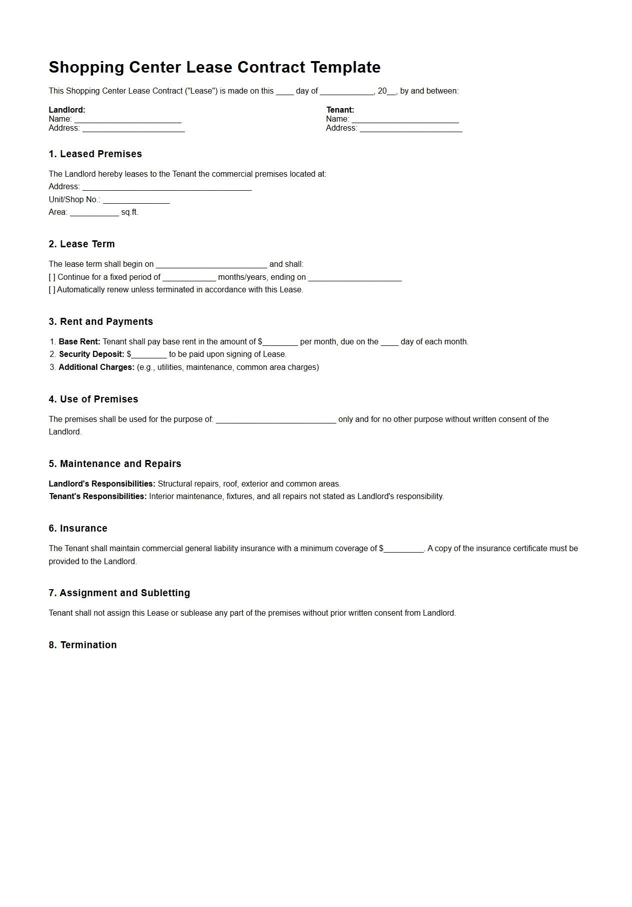 Shopping Center Lease Contract Template