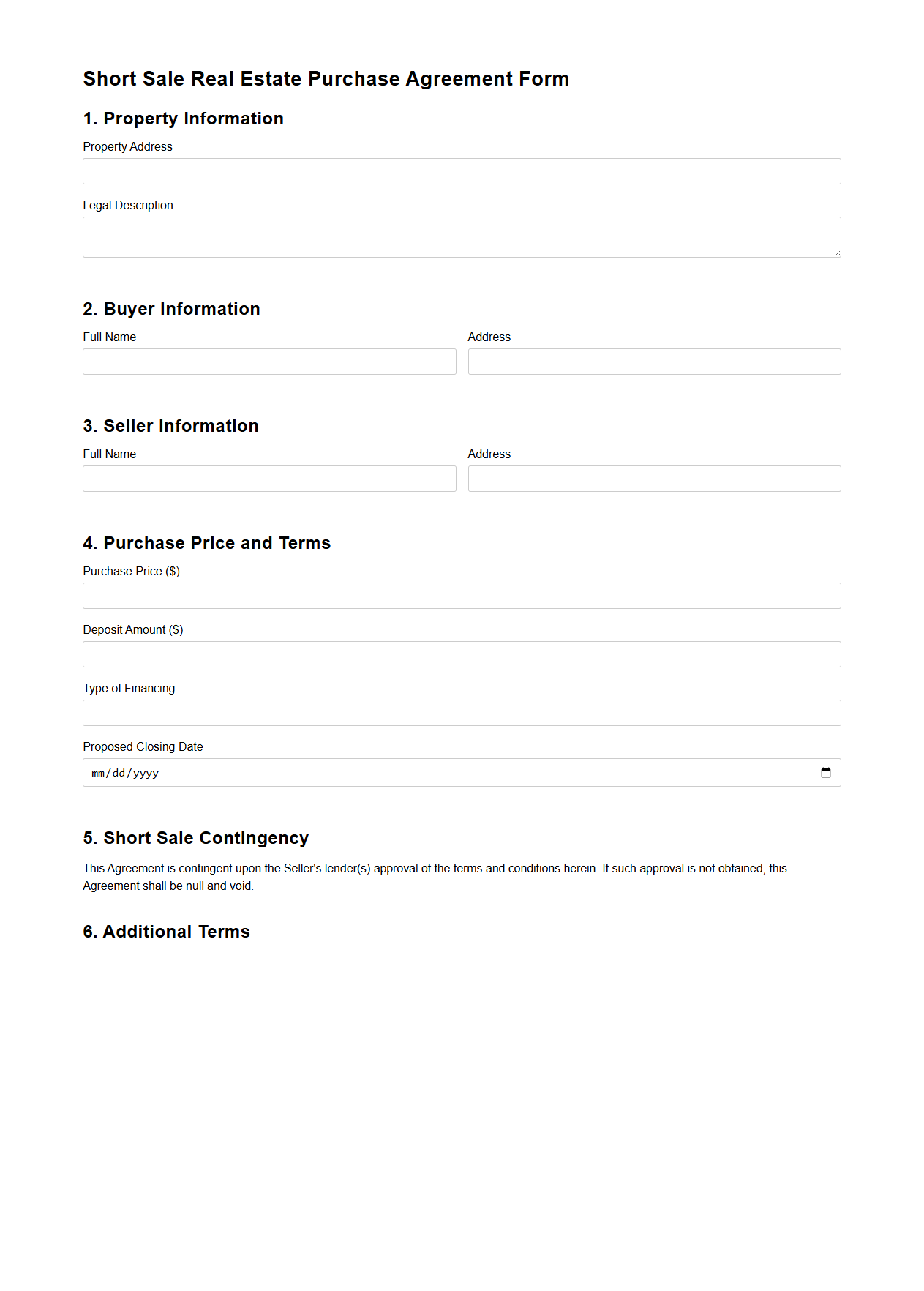 Short Sale Real Estate Purchase Agreement Form