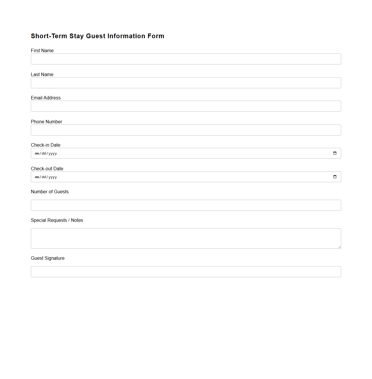 Short-Term Stay Guest Information Form