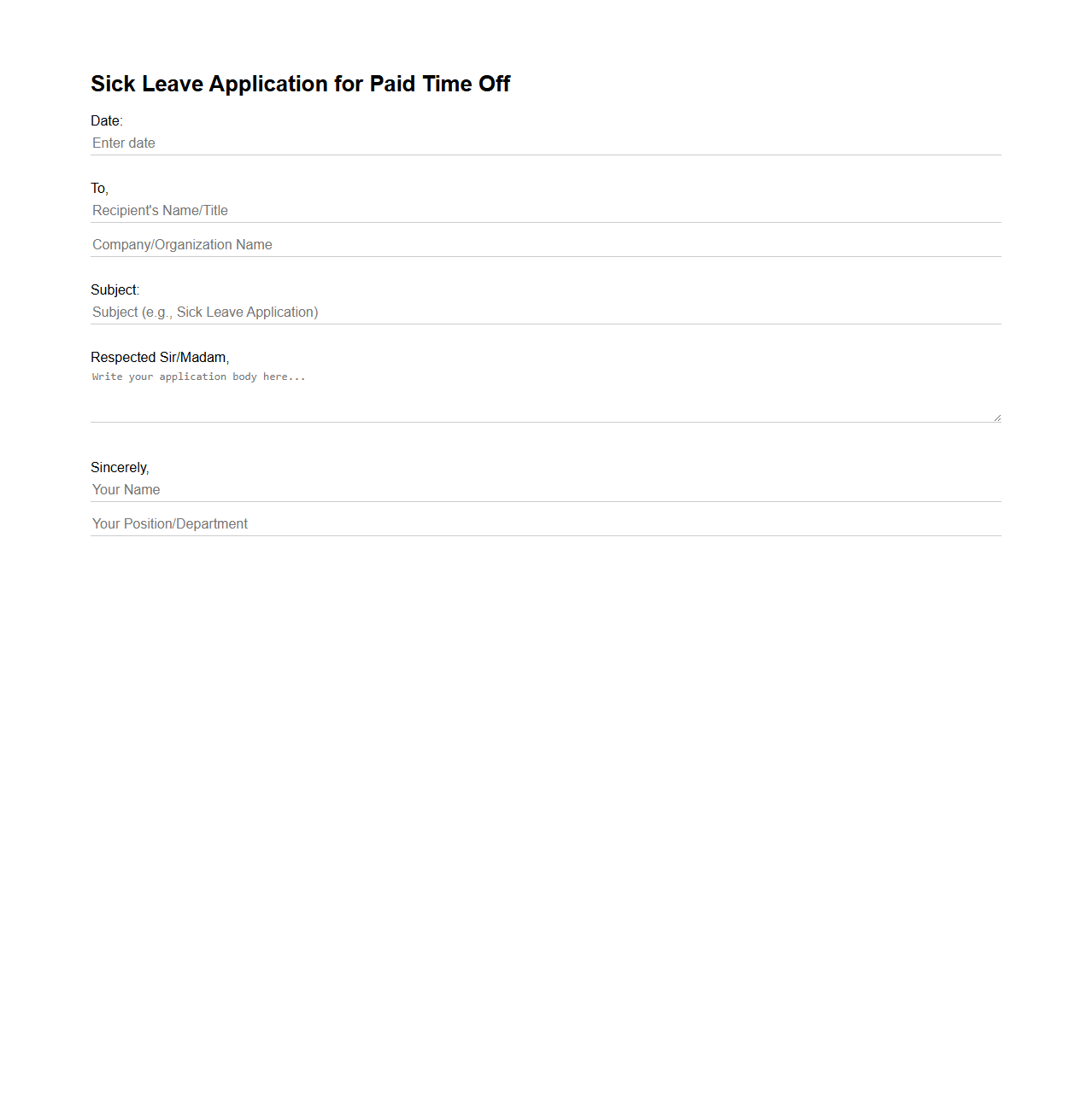 Sick Leave Application for Paid Time Off