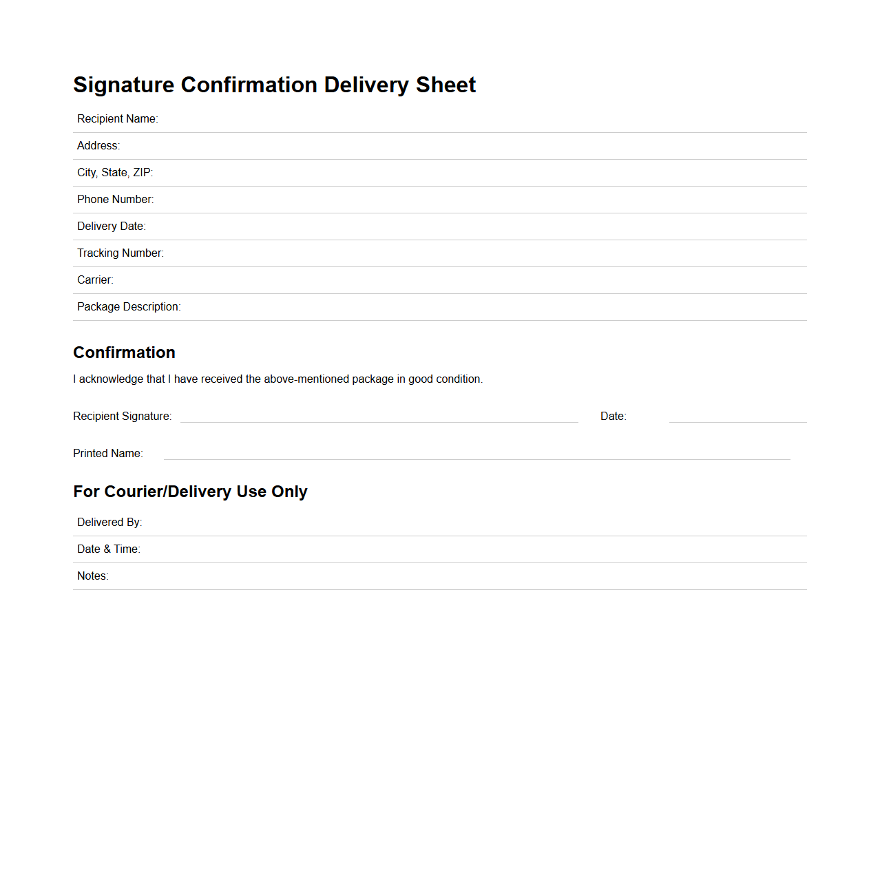 Signature Confirmation Delivery Sheet Template