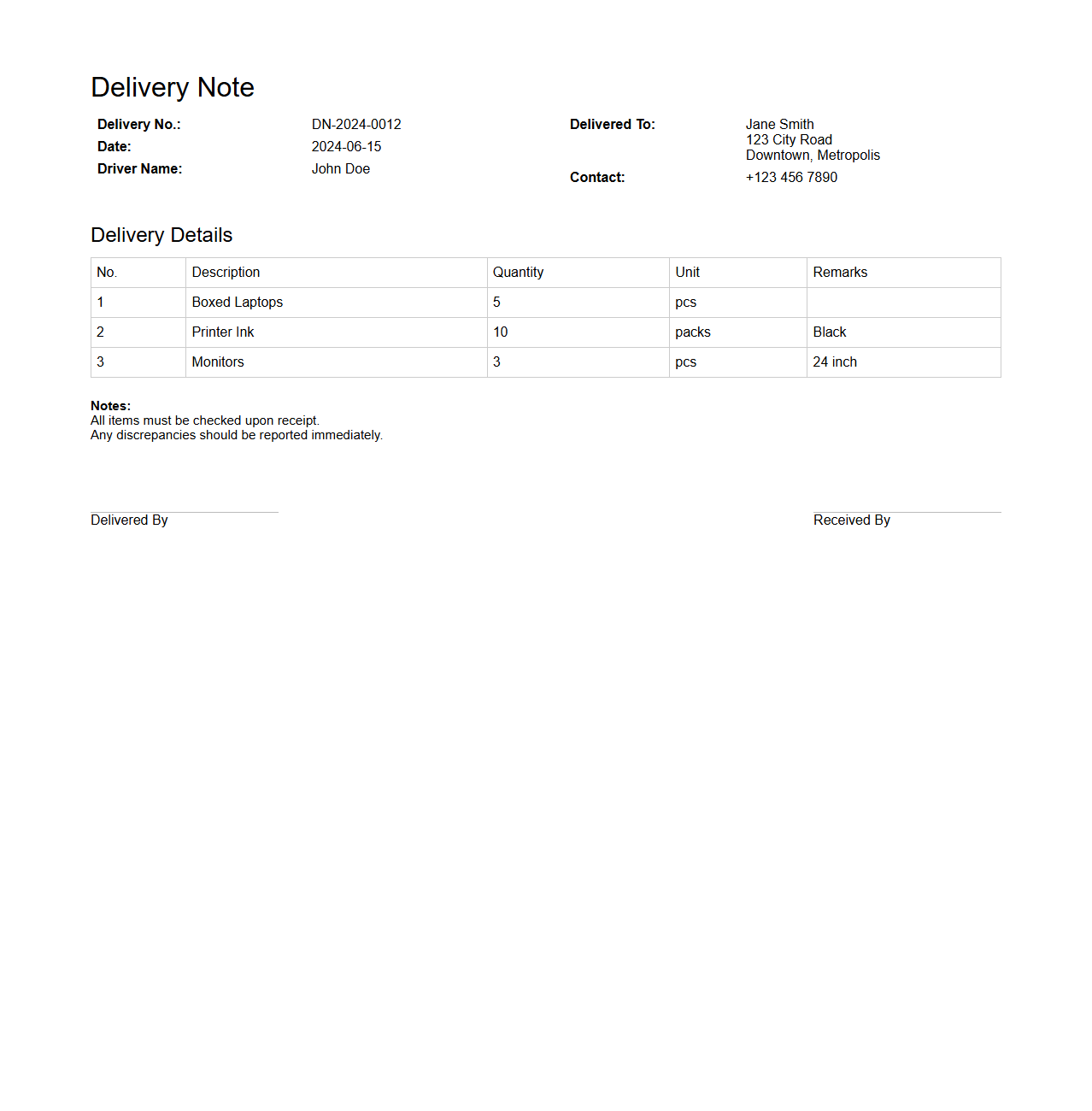 Simple Delivery Note Example for City Deliveries