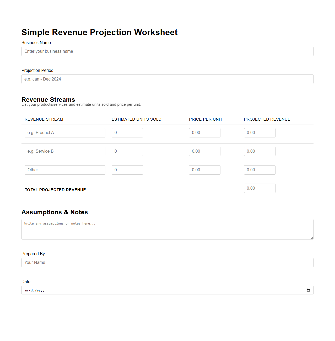 Simple Revenue Projection Worksheet for Entrepreneurs