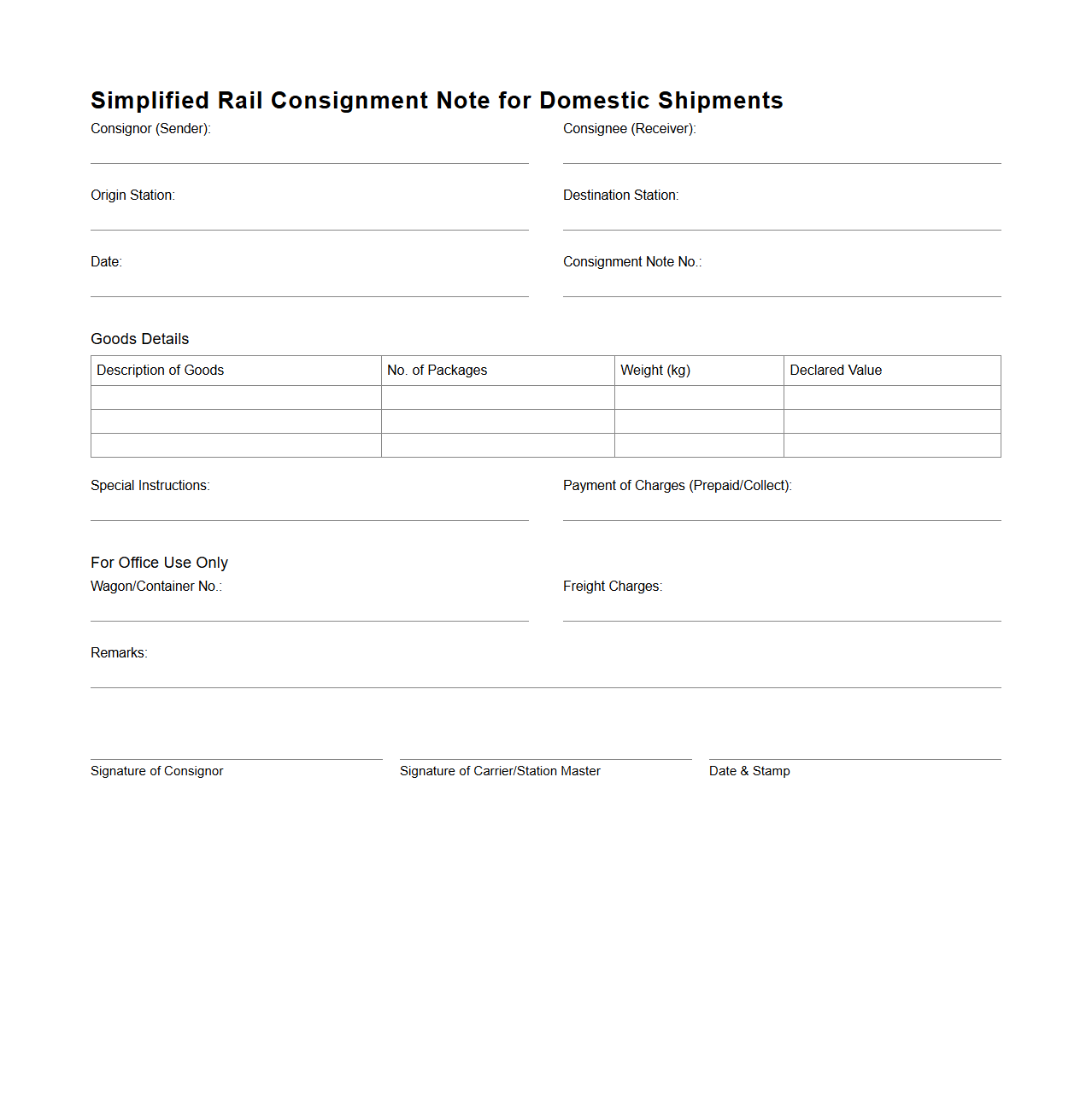 Simplified Rail Consignment Note for Domestic Shipments
