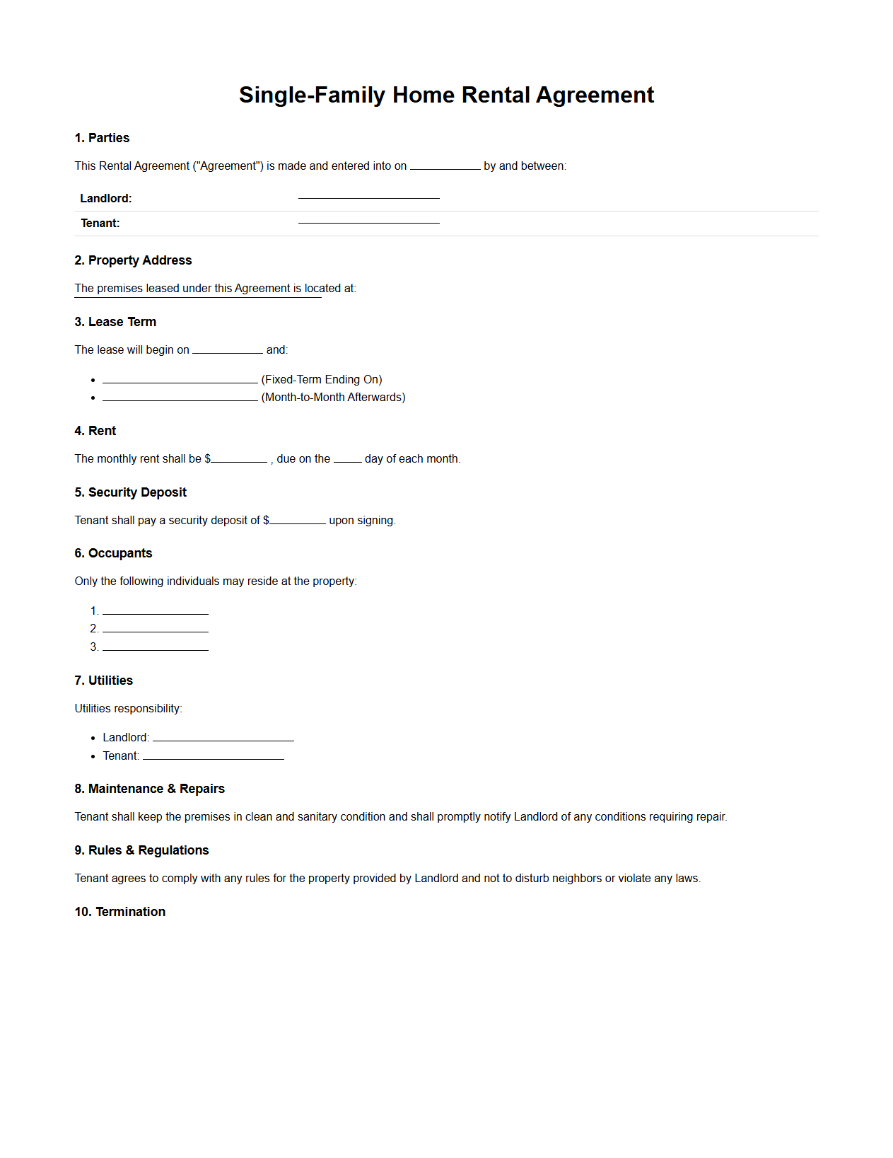 Single-Family Home Rental Agreement Sample