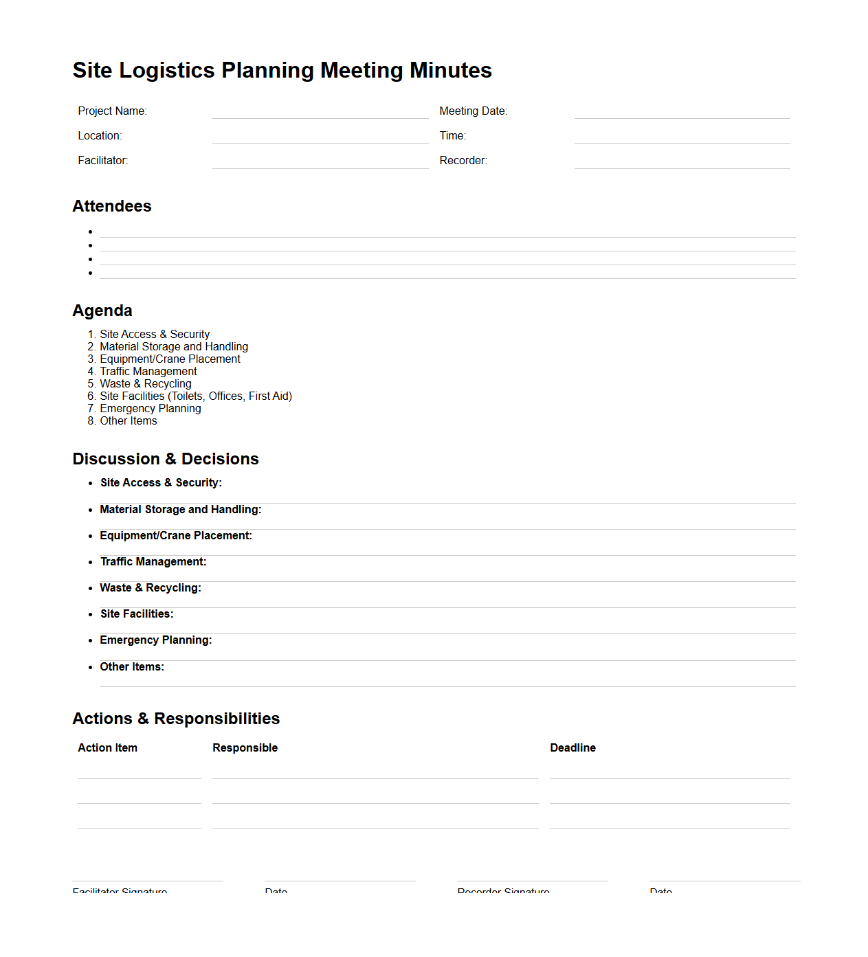 Site Logistics Planning Meeting Minutes Template