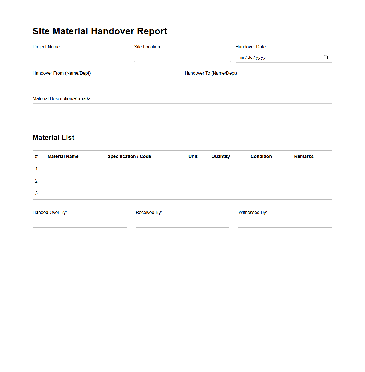 Site Material Handover Report Template