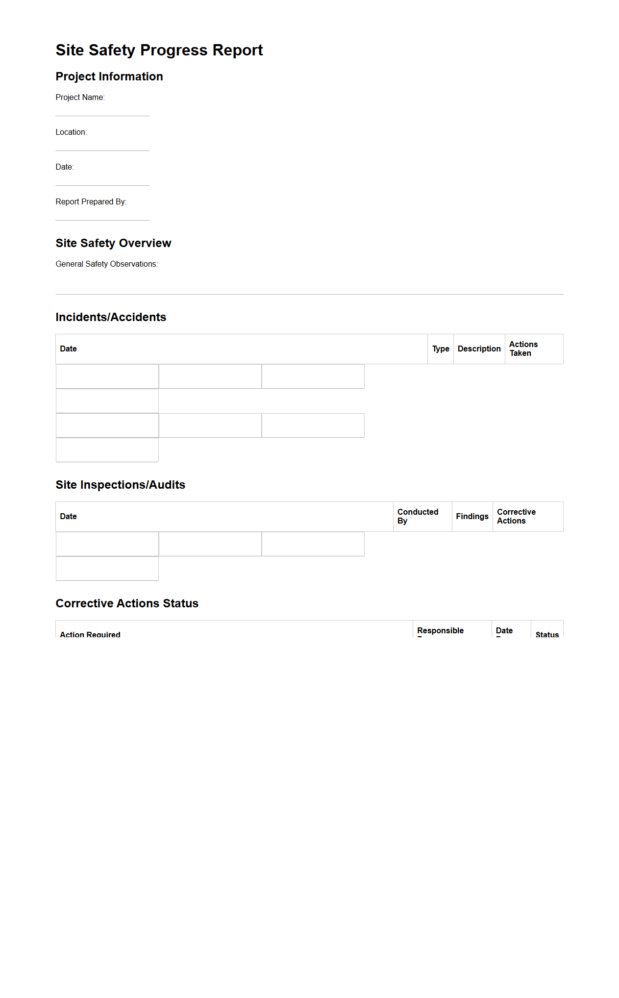 Site Safety Progress Report Template