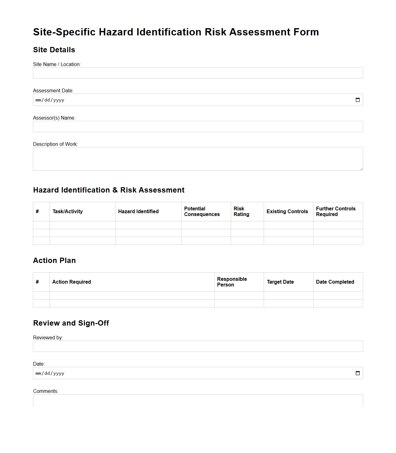 Site-Specific Hazard Identification Risk Assessment Form