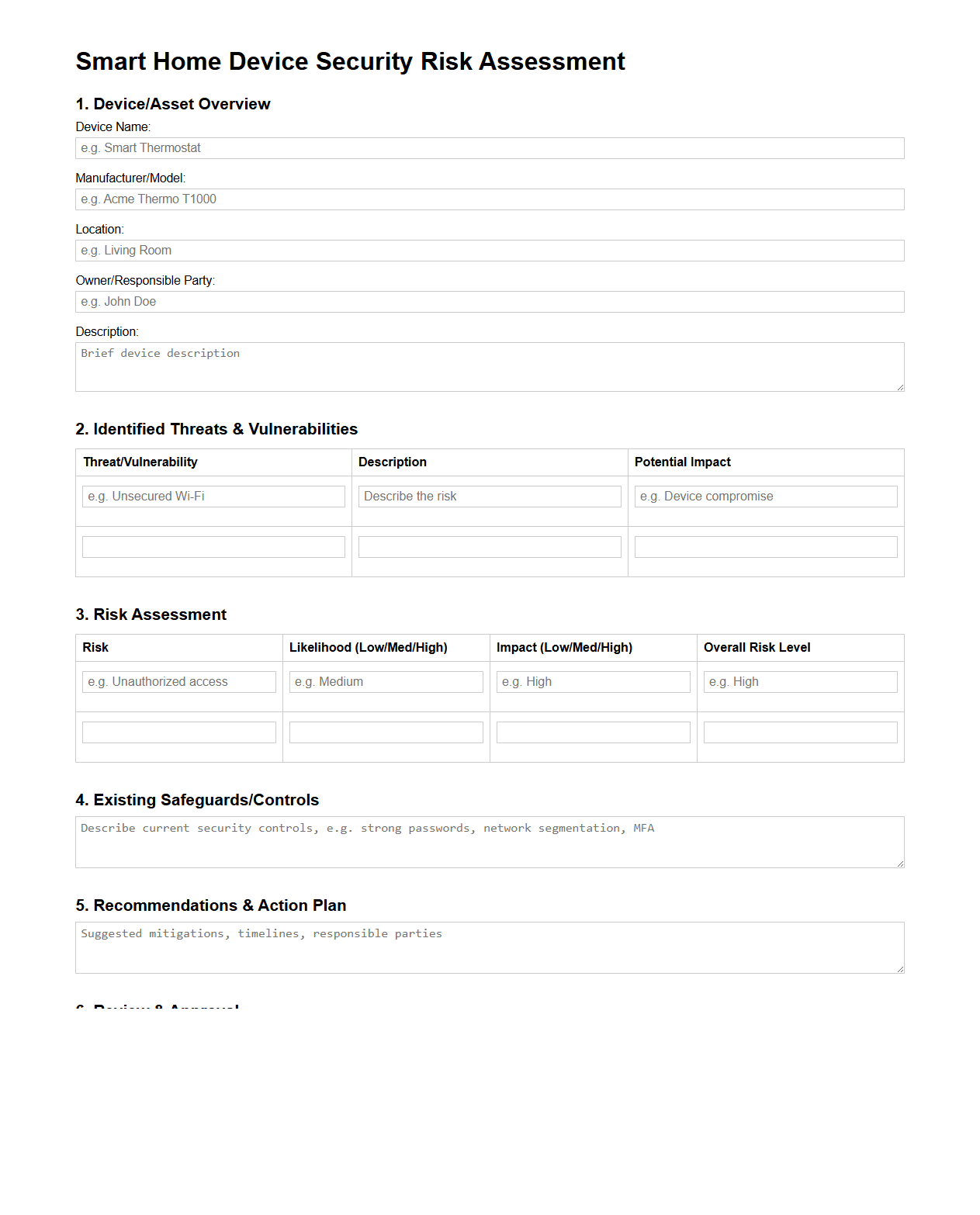 Smart Home Device Security Risk Assessment Document Template