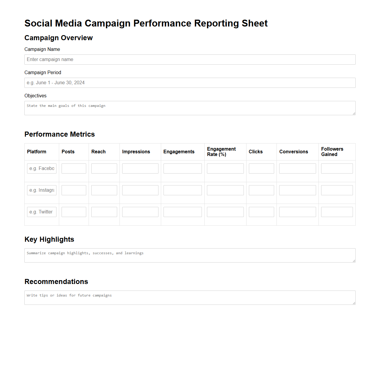 Social Media Campaign Performance Reporting Sheet