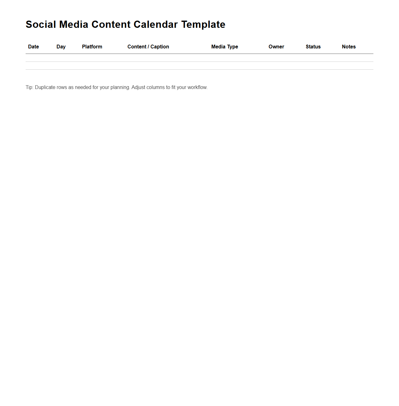 Social Media Content Calendar Template