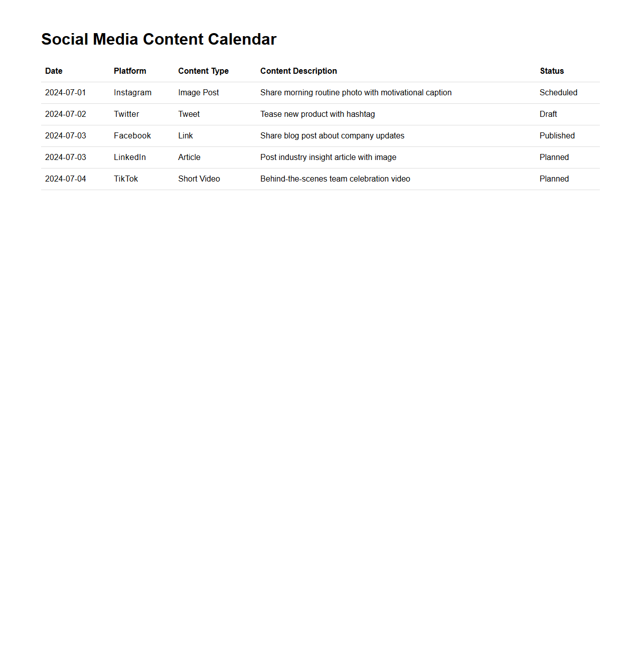 Social Media Platform-Specific Content Calendar Sample