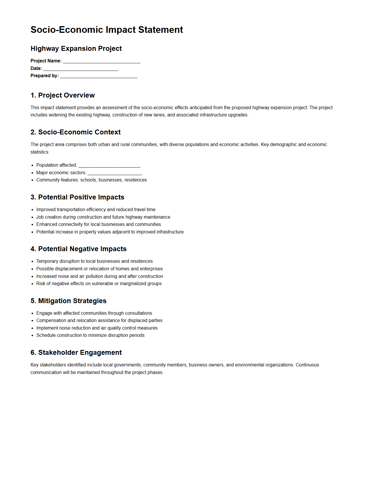 Socio-Economic Impact Statement for Highway Expansion