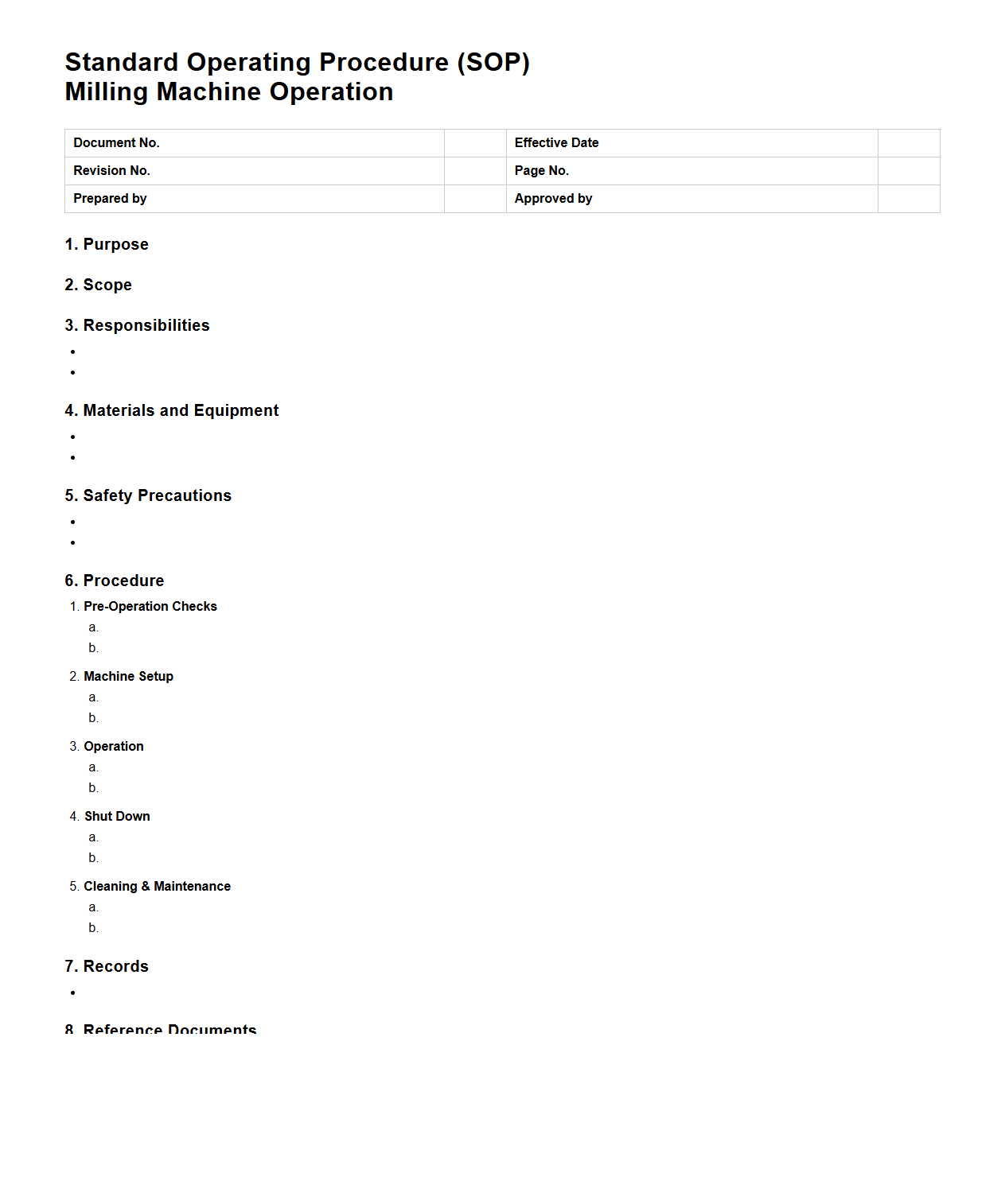SOP Format for Milling Machine Operation