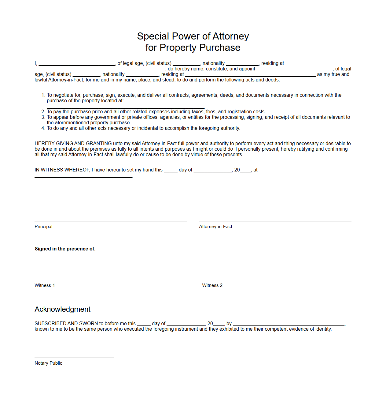 Special Power of Attorney for Property Purchase