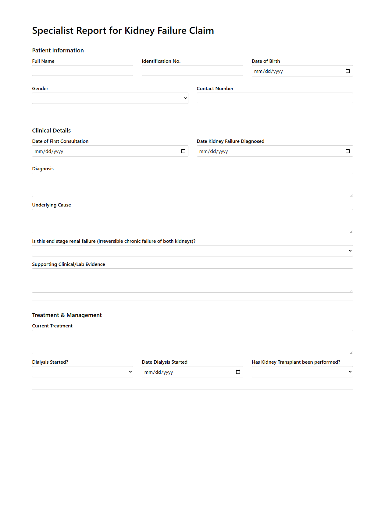 Specialist Report for Kidney Failure Claim