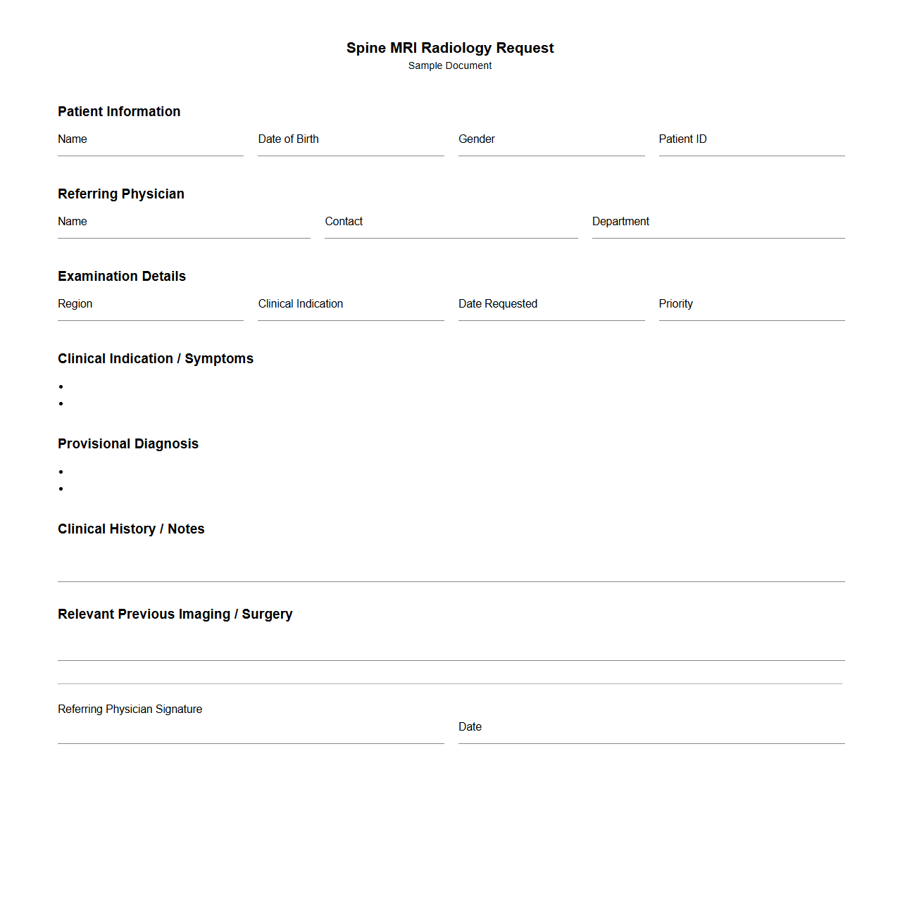 Spine MRI Radiology Request Document Example