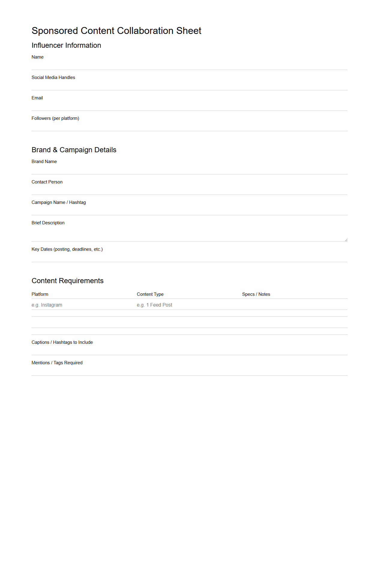 Sponsored Content Collaboration Sheet for Influencers