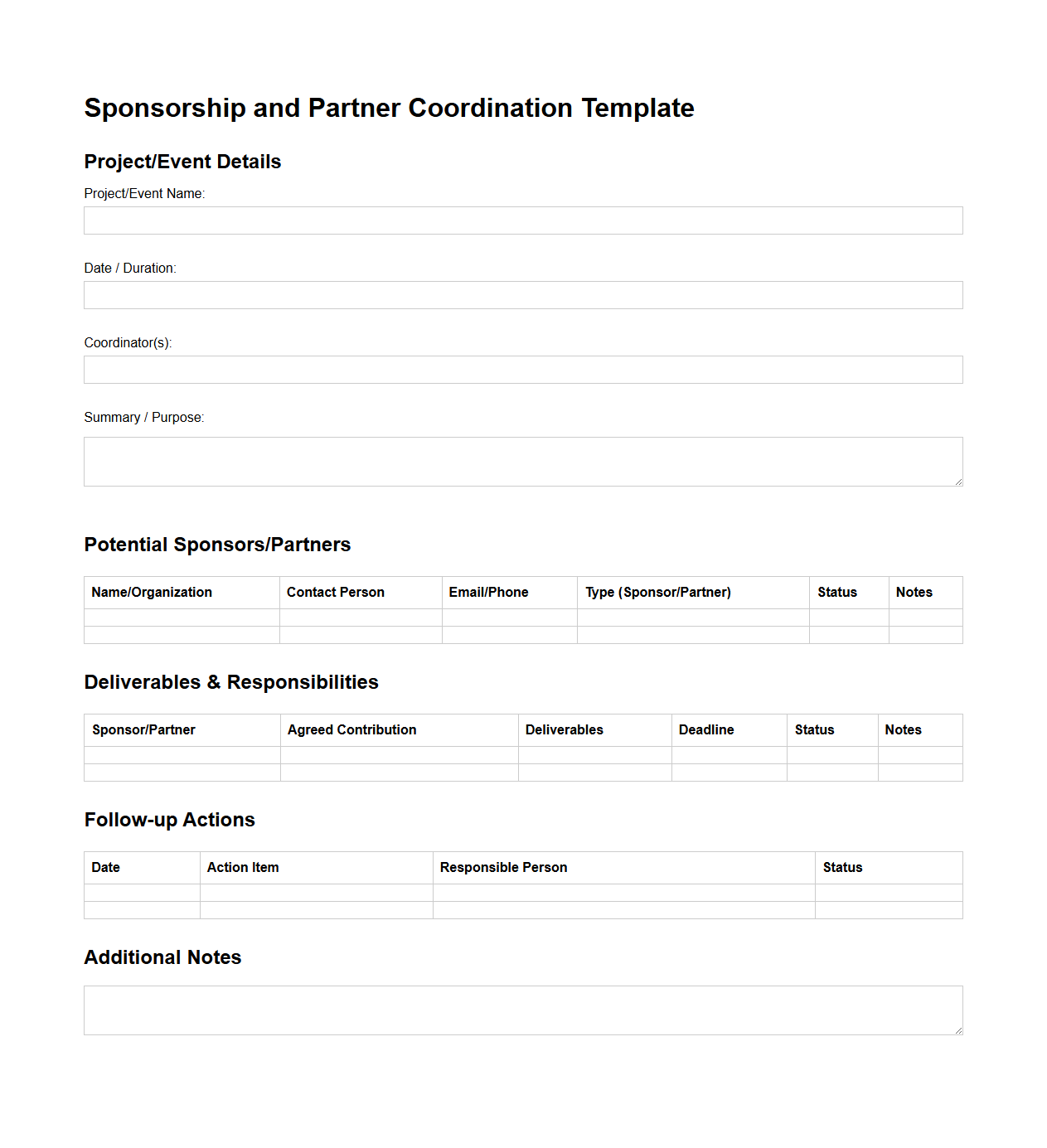 Sponsorship and Partner Coordination Template