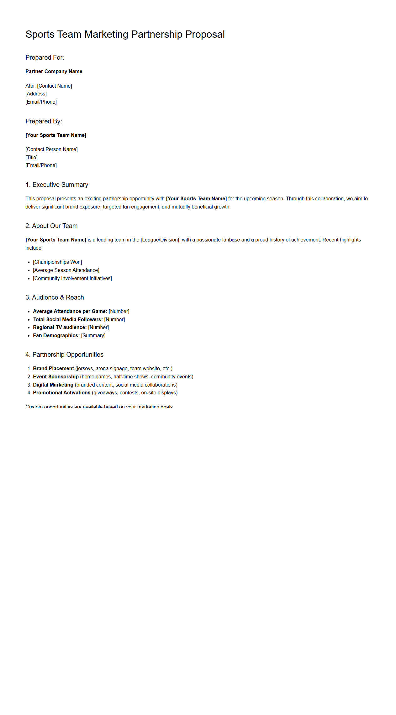 Sports Team Marketing Partnership Proposal Example