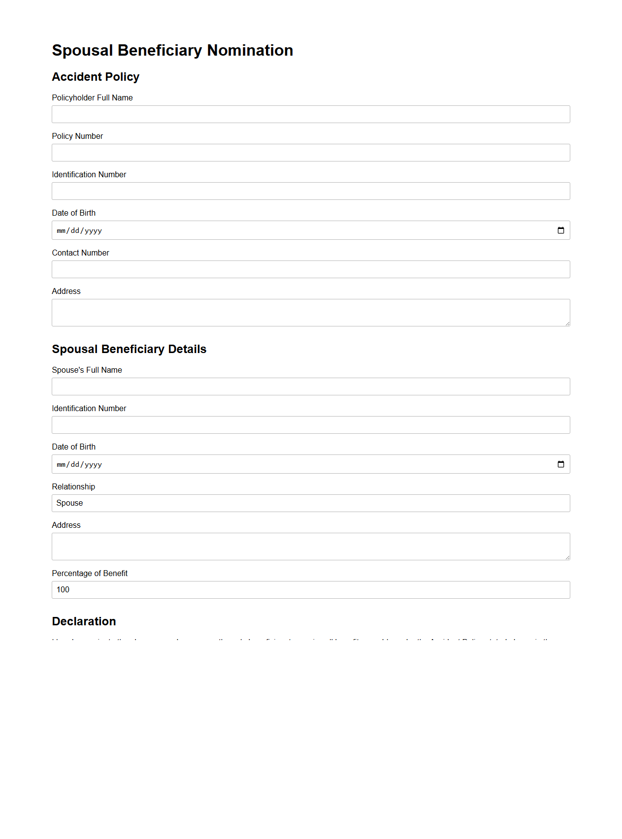 Spousal Beneficiary Nomination Document for Accident Policy