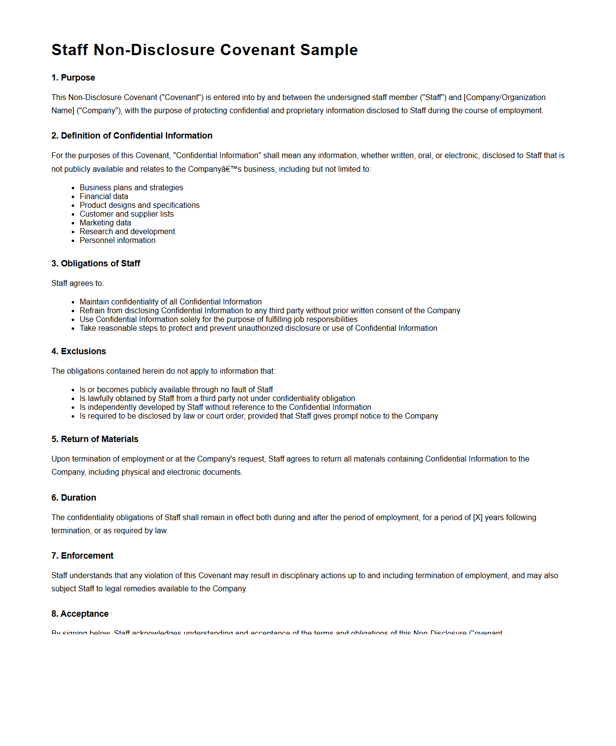 Staff Non-Disclosure Covenant Sample