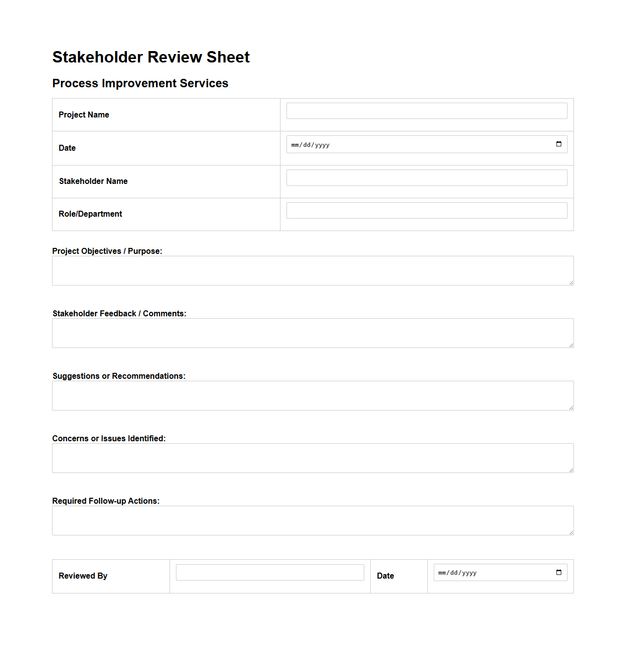 Stakeholder Review Sheet for Process Improvement Services