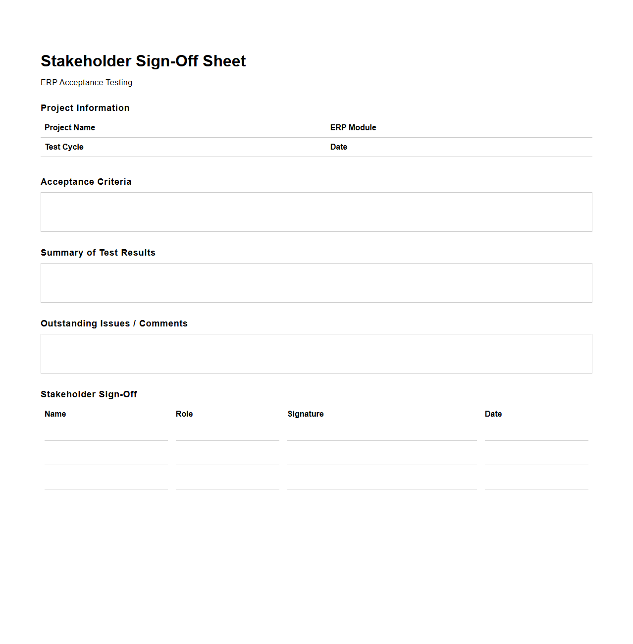 Stakeholder Sign-Off Sheet for ERP Acceptance Testing