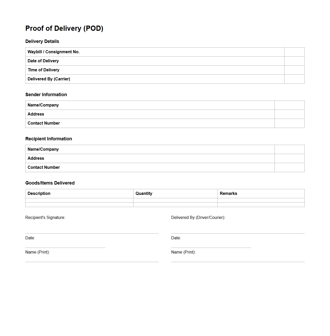 Standard Domestic Transport Proof of Delivery Template