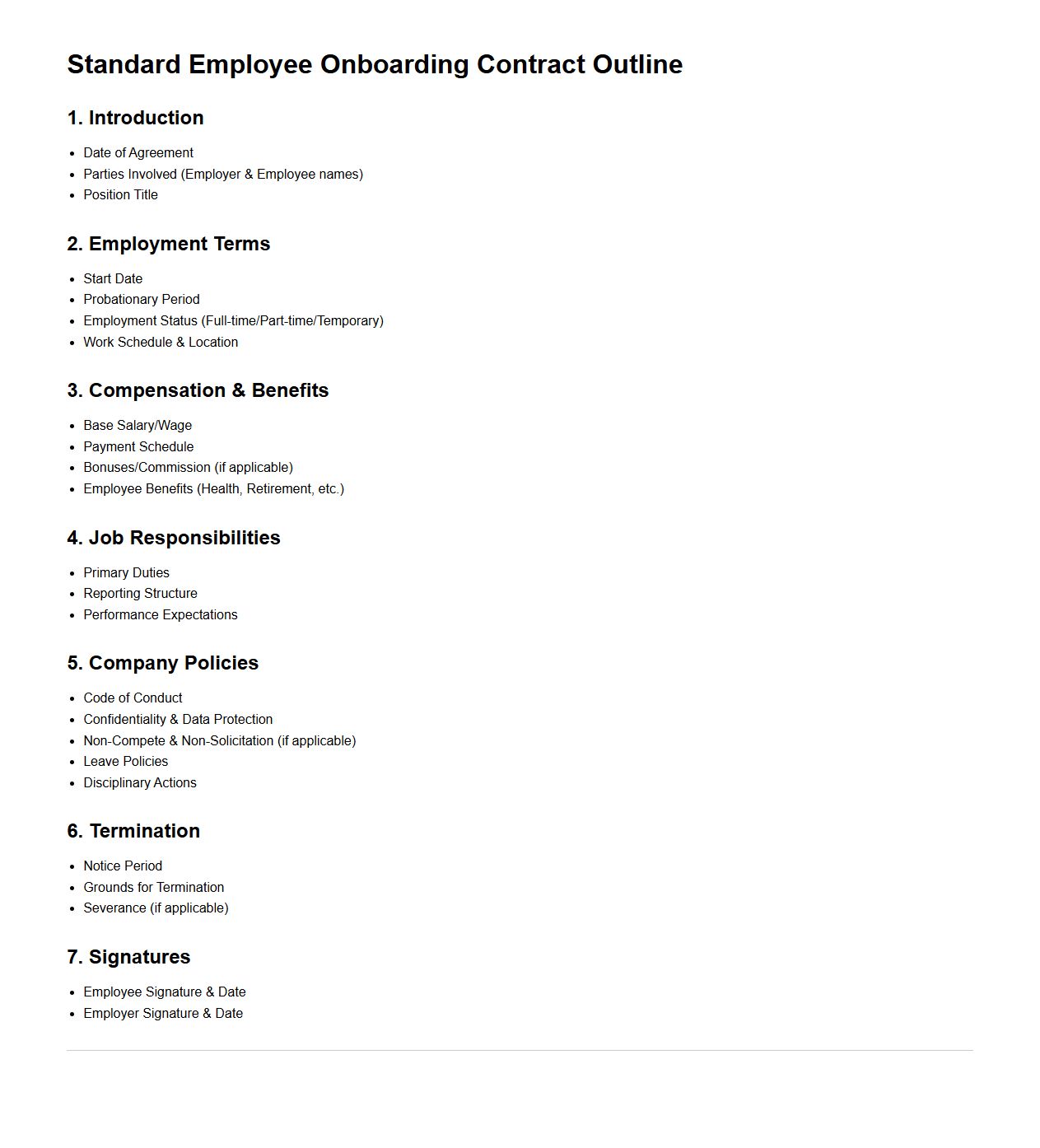 Standard Employee Onboarding Contract Outline