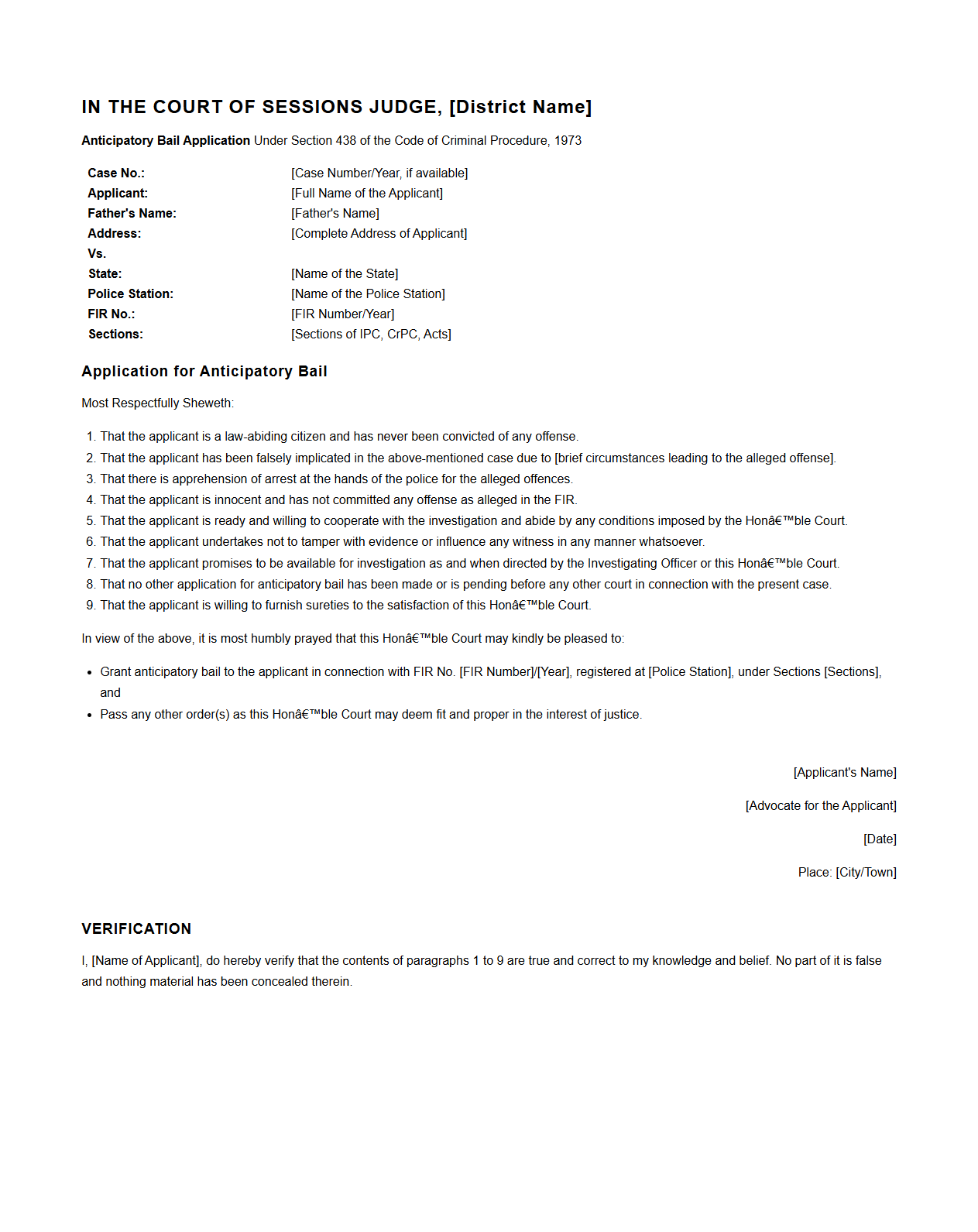 Standard Format for Anticipatory Bail Application